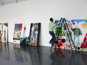 The fabulous Mr. Frey while hanging the show at "Galerie im Venet Haus"